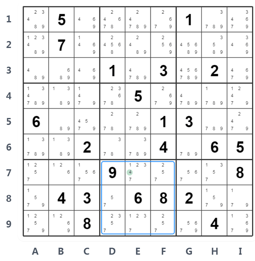 히든 싱글 예시 - E7은 박스 8에서 유일하게 후보 숫자 4를 포함