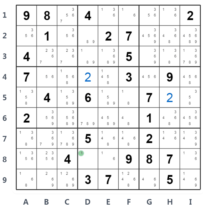 네이키드 싱글 예시 - D8에는 후보 숫자 1만 있음