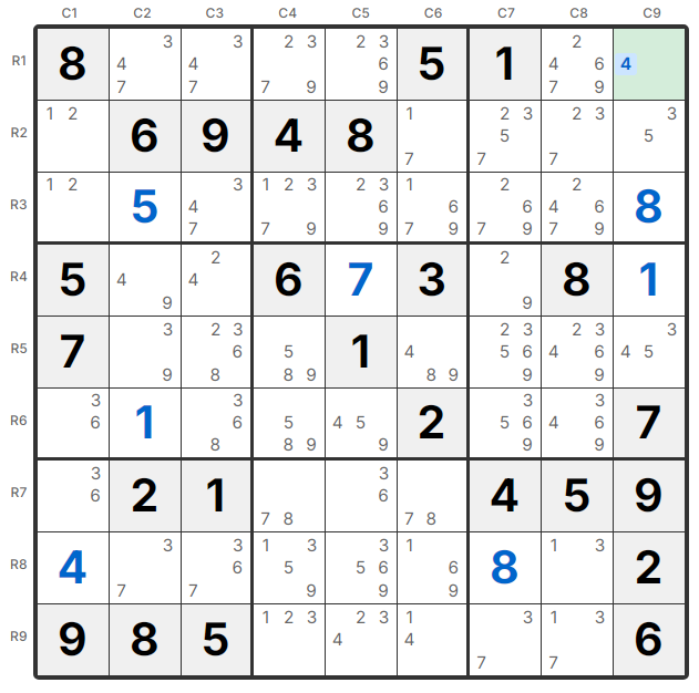 네이키드 싱글 예제 - R1C9에 후보 4만 있음