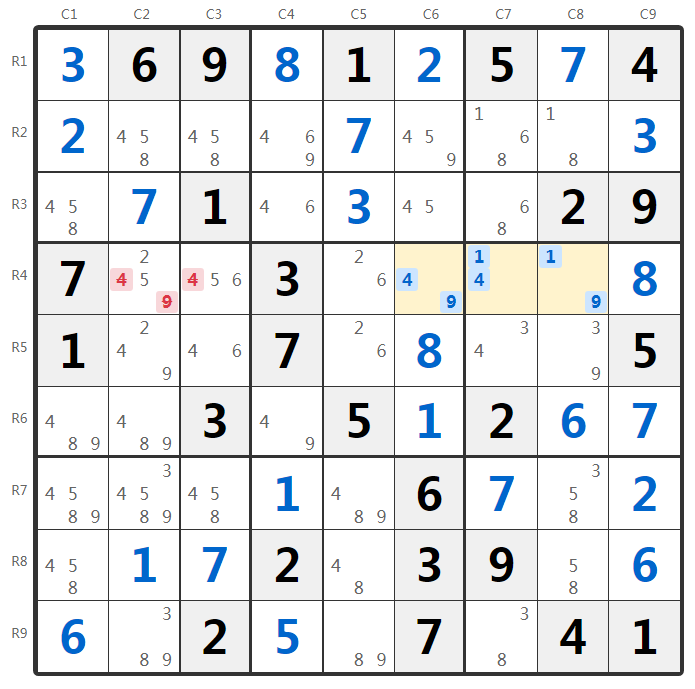 스도쿠 네이키드 트리플 예제-행 분석